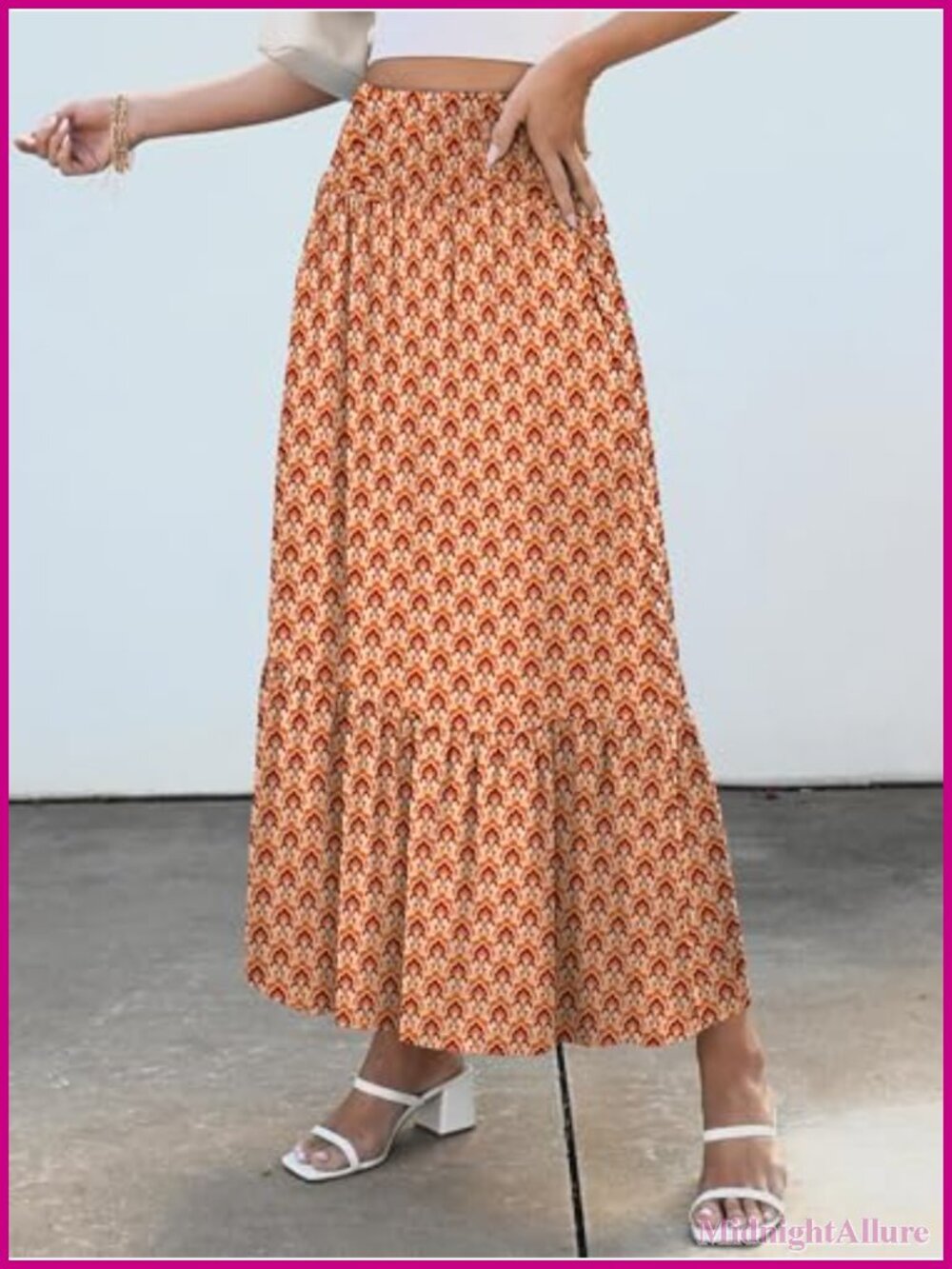 Boho Floral Maxi Skirt, High Waisted Tiered Flowy Beach Skirt with Pockets - Picture 2 of 6